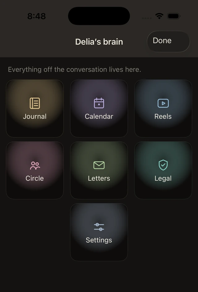 Delia's brain menu on iPhone: Journal, Calendar, Reels, Circle, Letters, Legal, and Settings.