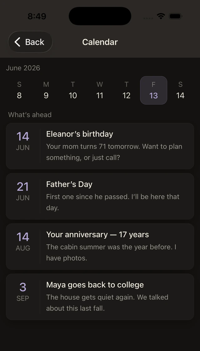 The real Calendar screen on iPhone, showing upcoming dates: Mom's birthday, Father's Day, an anniversary, and Maya going back to college.