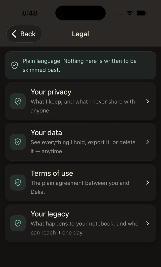 The real Legal screen on iPhone: Your privacy, Your data, Terms of use, and Your legacy, each in plain language.