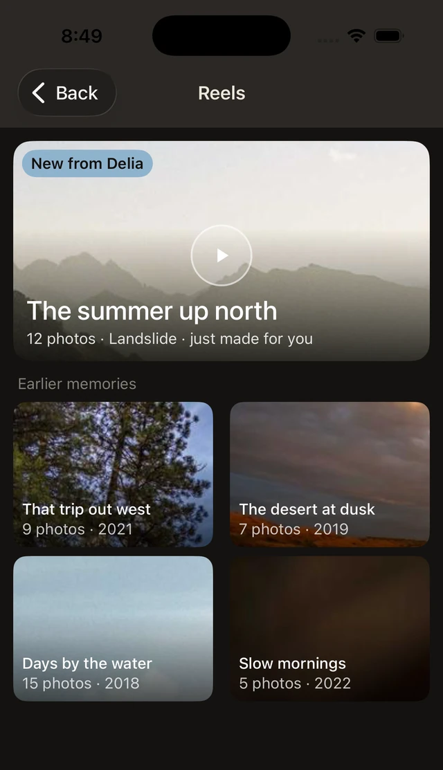 The real Reels screen on iPhone: a new reel titled 'The summer up north, 12 photos,' with earlier reels from past years below it.
